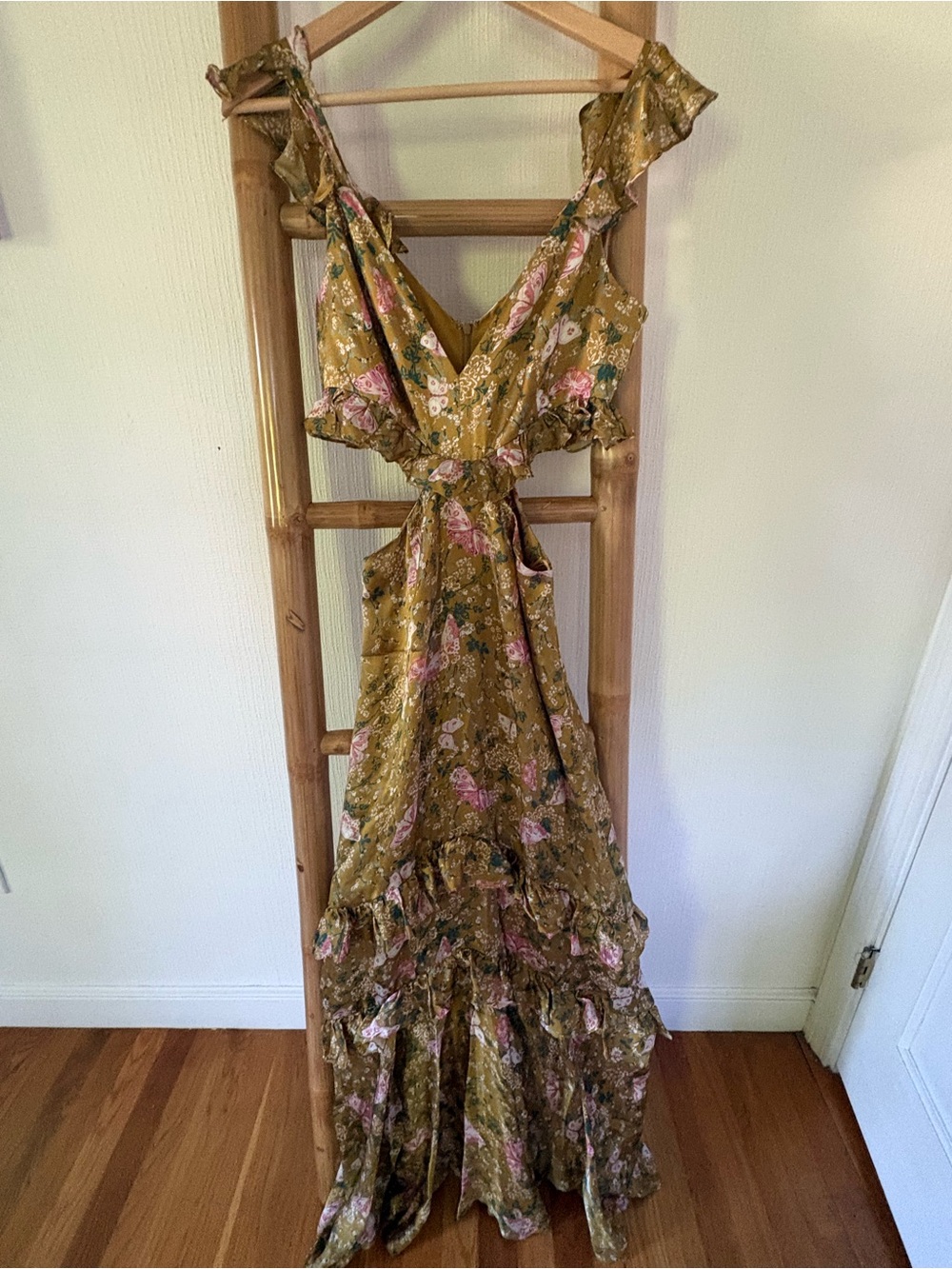 AMUR Mustard Floral Ruffle Maxi Dress